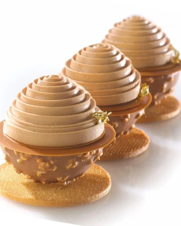 Chocolate entremets finished with a glossy spiral of chocolate